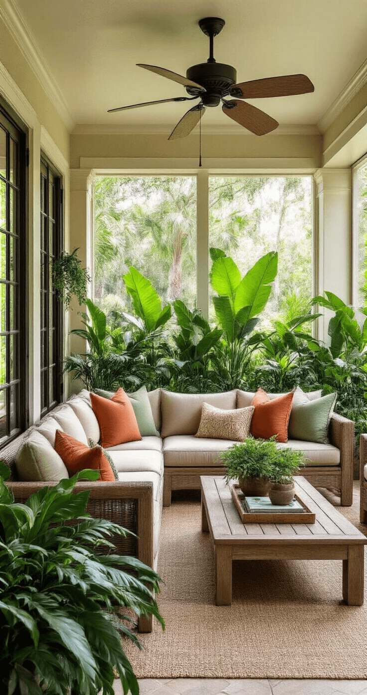A tranquil Florida lanai in the morning, featuring lush ferns and bird of paradise, a weathered teak sectional with throw pillows in sage, cream, and terracotta, teak side tables, a low glass-top coffee table, and a ceiling fan, all bathed in soft natural light.