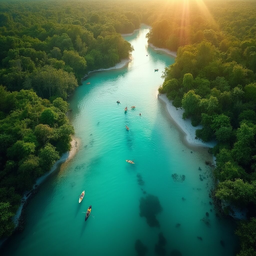 Aerial view of paddleboarders on the crystal clear Weeki Wachee River flowing through a lush subtropical forest during golden hour