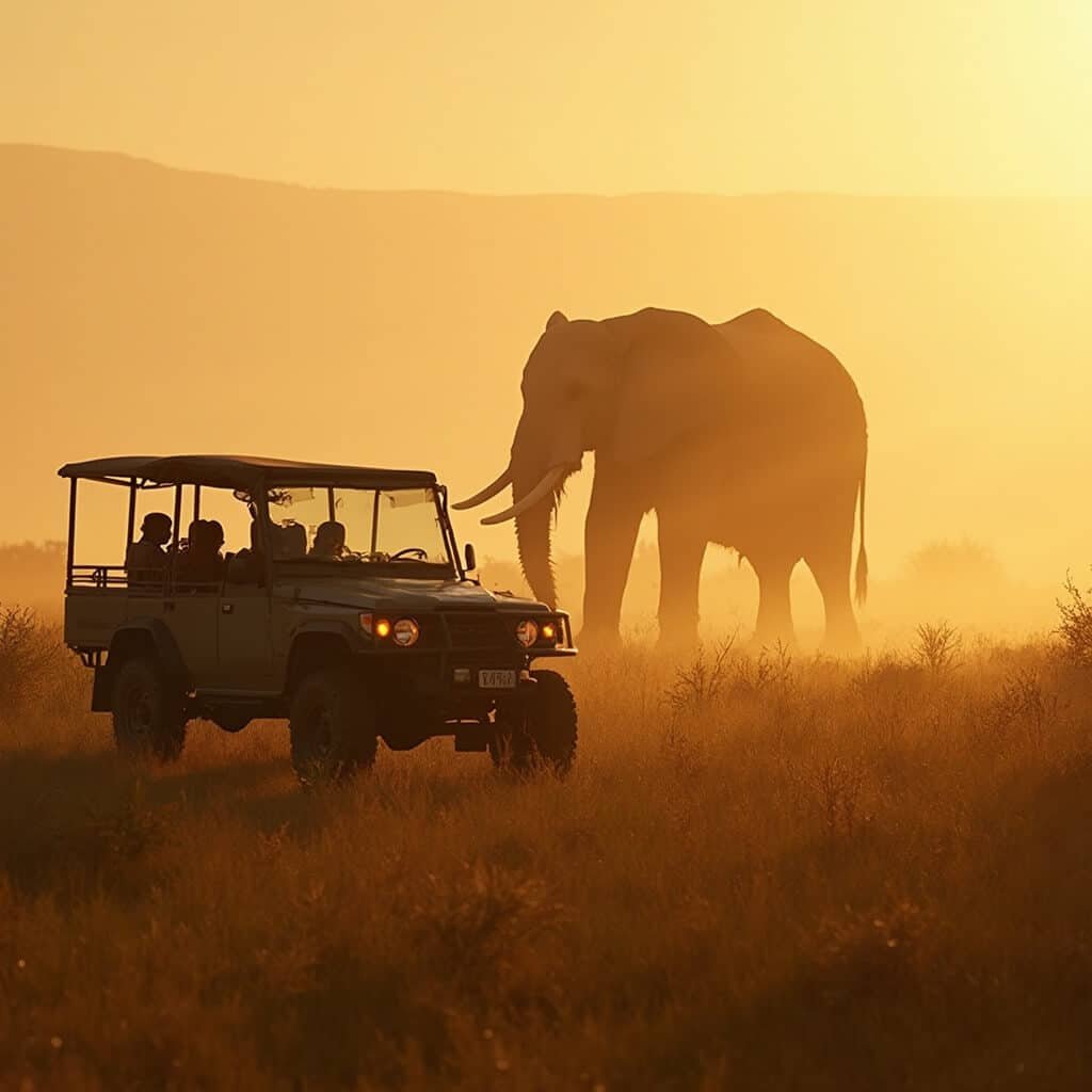 A safari vehicle amid golden grasslands of African savanna at dawn, with a majestic elephant emerging from the morning mist, bathed in soft amber sunlight