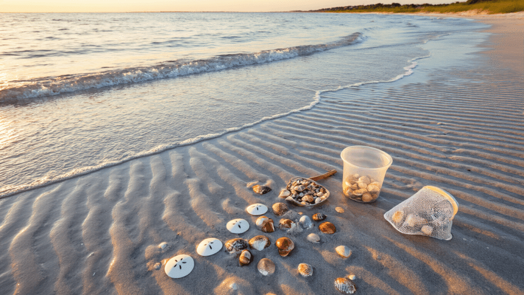 Uncover the Hidden Treasures: Your Ultimate Guide to Sand Dollar Hunting on Amelia Island's Pristine Beaches "Beachcombing tools at the water's edge of a pristine Amelia Island beach during golden hour, with scattered shells partially buried in the sand and gentle waves revealing fresh shell deposits, framed by Fort Clinch State Park's natural dunes."