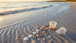 "Beachcombing tools at the water's edge of a pristine Amelia Island beach during golden hour, with scattered shells partially buried in the sand and gentle waves revealing fresh shell deposits, framed by Fort Clinch State Park's natural dunes."
