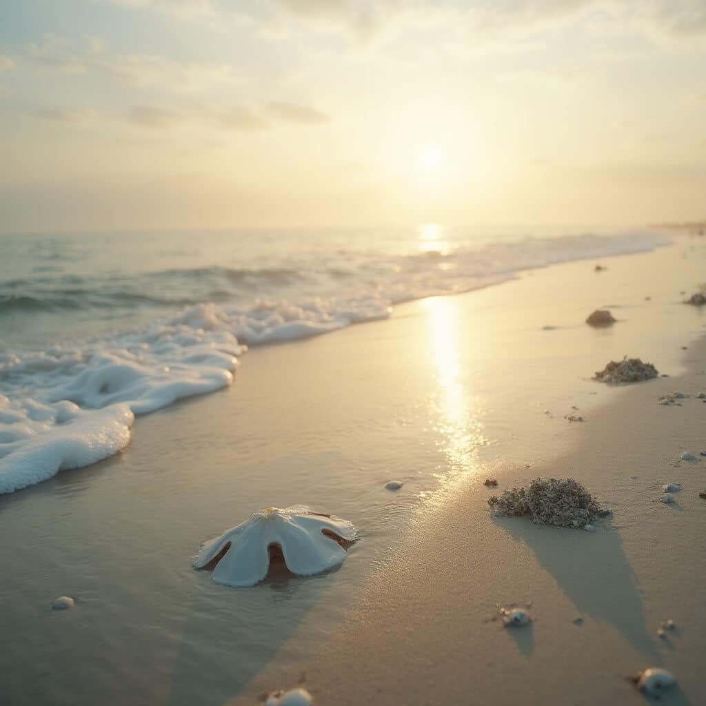 Dawn at Amelia Island's shoreline featuring golden sunlight, sandy beaches with scattered seashells, misty atmosphere, and detailed textures of the marine ecosystem captured with a wide-angle lens on Canon EOS R5