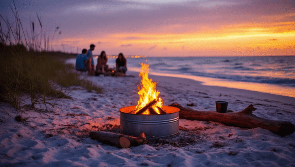 Beach Bonfires at Anastasia Island: Your Ultimate Guide to Sunset Flames and Coastal Adventures "Friends gathered around a beach bonfire in a metal fire container at Anastasia Island during golden hour sunset, with St. Augustine coastline in background, turtle-friendly setup and safety equipment visible, under a dramatic purple and orange sky."
