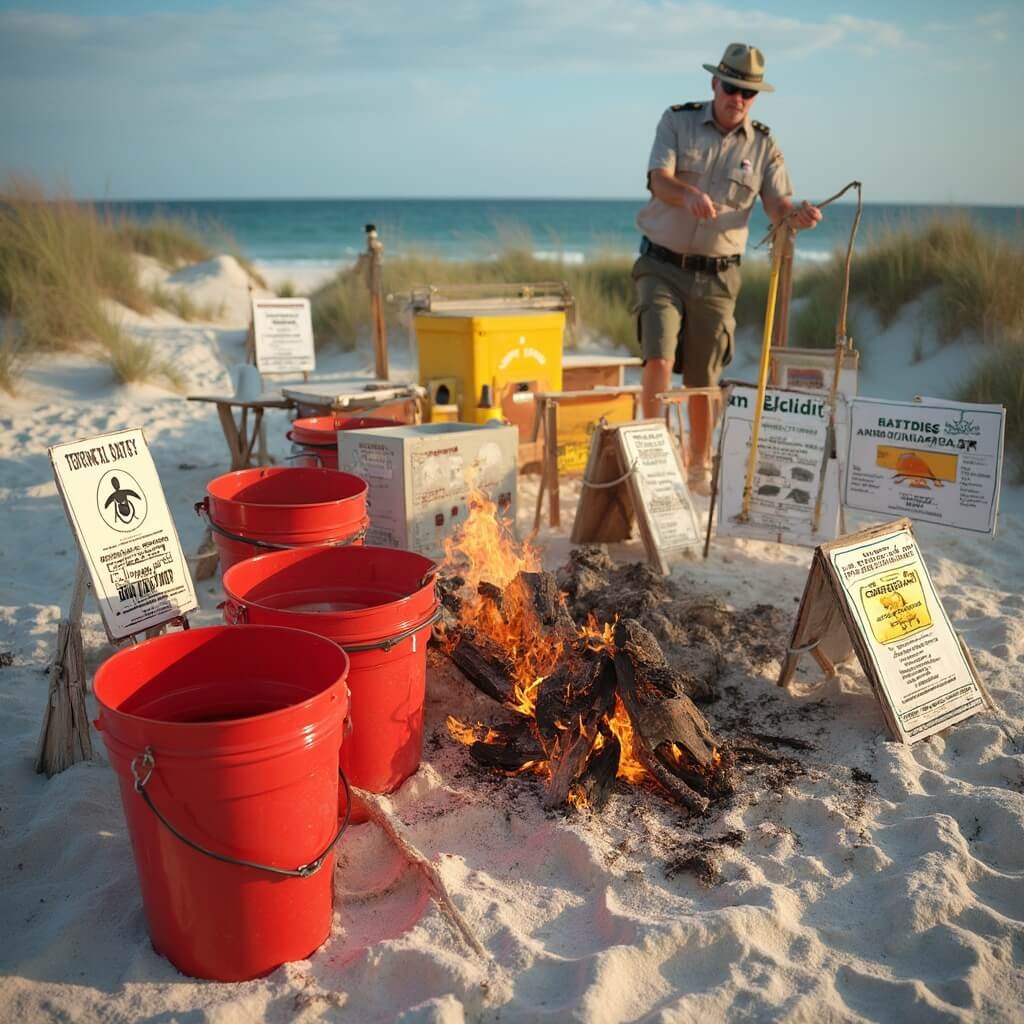 Park ranger's hands strategically arranging approved fire containers, water buckets, and fire safety equipment at Anastasia Island State Park, with fire safety signage, sea turtle conservation markers, and coastal scenery slightly blurred in the background.