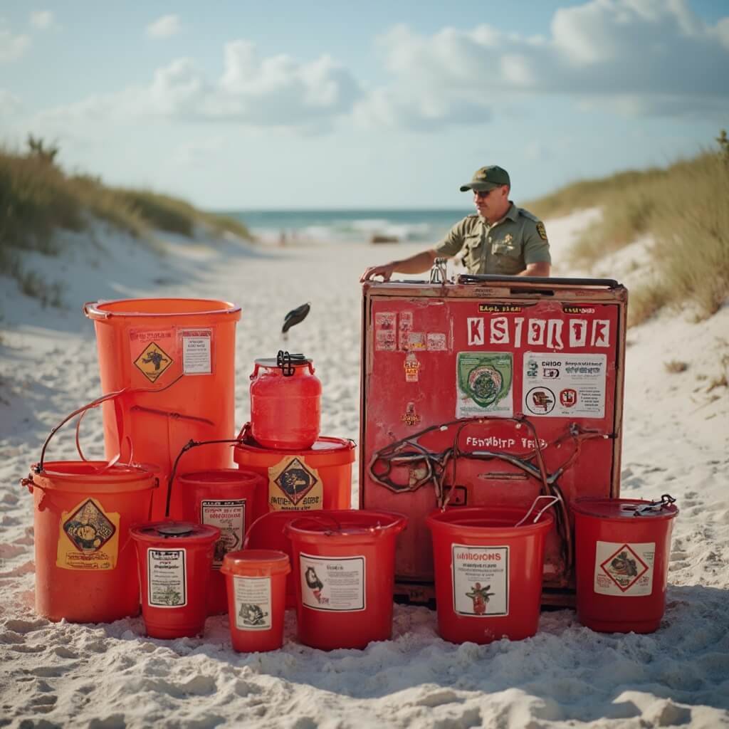 Park ranger at Anastasia Island State Park demonstrating fire safety procedures with approved containers and equipment, accompanied by signs detailing fire zone regulations, while sea turtle conservation markers and coastal landscape blur in the background.