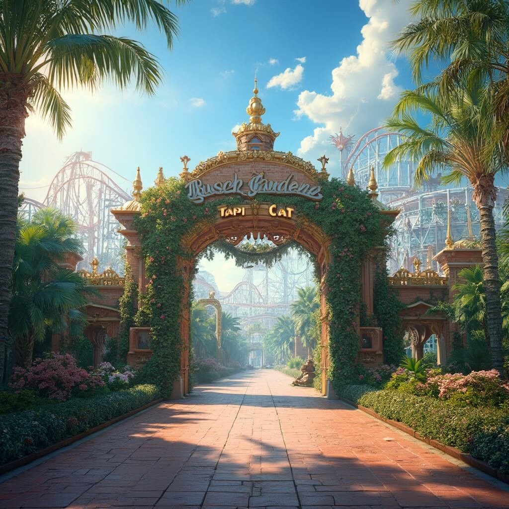 Dramatic sunrise illuminating the ornate entrance of Busch Gardens Tampa Bay with roller coasters silhouetted in background, showcasing the park's exceptional architectural and landscaping details under crystal clear Florida sky