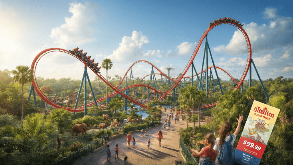 Unleash Your Ultimate Adventure: Busch Gardens Tampa Bay Insider's Guide "Aerial view of Busch Gardens Tampa Bay with roller coaster tracks, families enjoying rides, exotic animals in safari areas, palm trees and visitors on a coaster against a blue sky, with admission tickets priced at $99.99 in the corner"