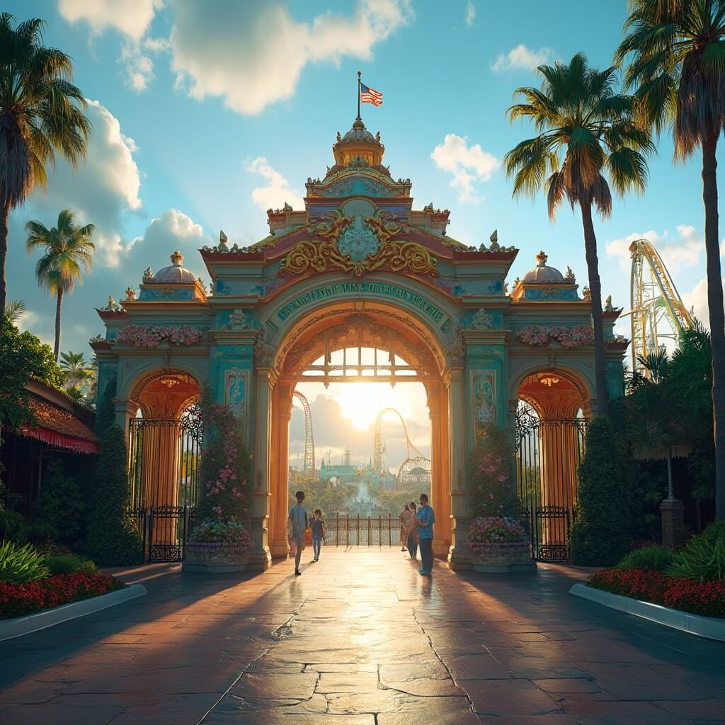 Dramatic morning sunlight illuminating the ornate entrance of Busch Gardens Tampa Bay, showcasing lush tropical landscaping, roller coaster silhouettes, and clear Florida sky