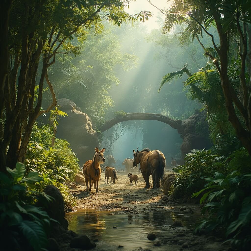 Dramatic image of a wildlife sanctuary at Busch Gardens with exotic animals interacting amidst dense tropical greenery, highlighted by golden hour lighting