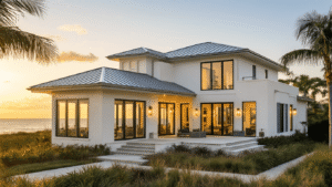 Cinematic exterior shot of a modern coastal Florida home with creamy stucco walls, floor-to-ceiling glass doors reflecting golden hour light, a sleek metal roof, and lush landscaping.