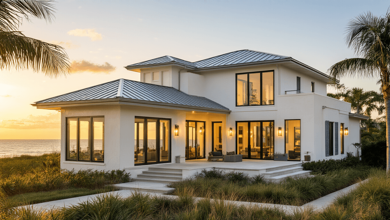 Cinematic exterior shot of a modern coastal Florida home with creamy stucco walls, floor-to-ceiling glass doors reflecting golden hour light, a sleek metal roof, and lush landscaping.