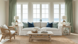 Cinematic wide-angle view of an elegant coastal living room featuring a creamy white slipcovered sofa, layered seafoam and indigo pillows, a weathered teak coffee table, and a jute rug, adorned with rattan accent chair, brass lanterns, and coral accents, all illuminated by soft morning light through large windows.