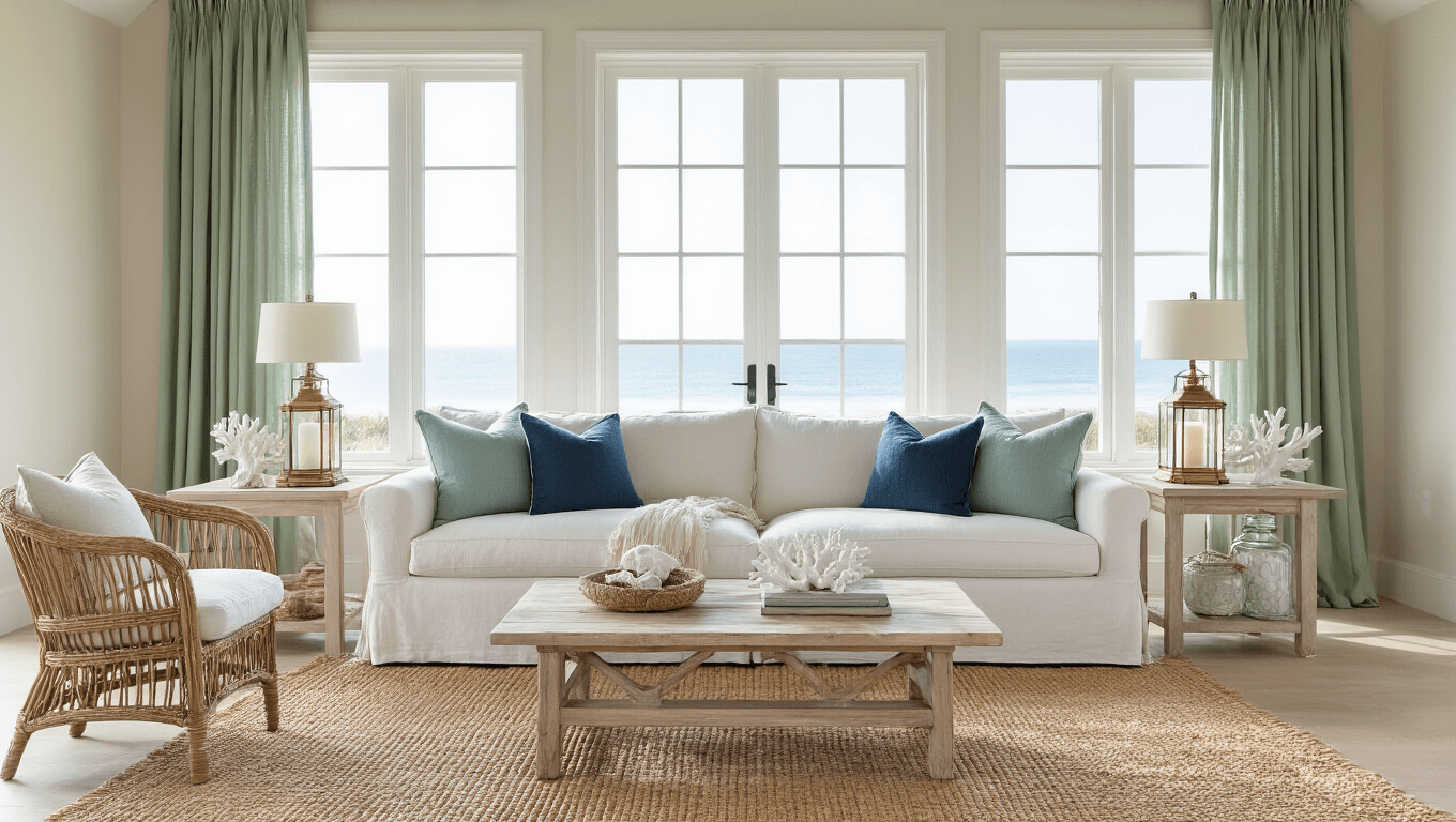 Cinematic wide-angle view of an elegant coastal living room featuring a creamy white slipcovered sofa, layered seafoam and indigo pillows, a weathered teak coffee table, and a jute rug, adorned with rattan accent chair, brass lanterns, and coral accents, all illuminated by soft morning light through large windows.