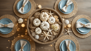 Coastal Thanksgiving Table Settings That'll Make Your Guests Say "Pass the Turkey AND the Seashells" Cinematic overhead view of a coastal Thanksgiving tablescape featuring a wooden dough bowl with white pumpkins, starfish, and hydrangea, complemented by seagrass placemats, cream plates, and blue-rimmed salad plates, all illuminated by warm fairy lights.