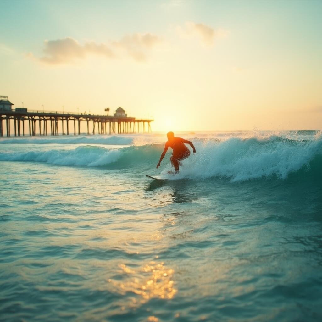 Longboard surfer riding a wave during sunrise at Cocoa Beach, with view of turquoise Atlantic waters, distant silhouette of Cocoa Beach Pier, and sandy shoreline