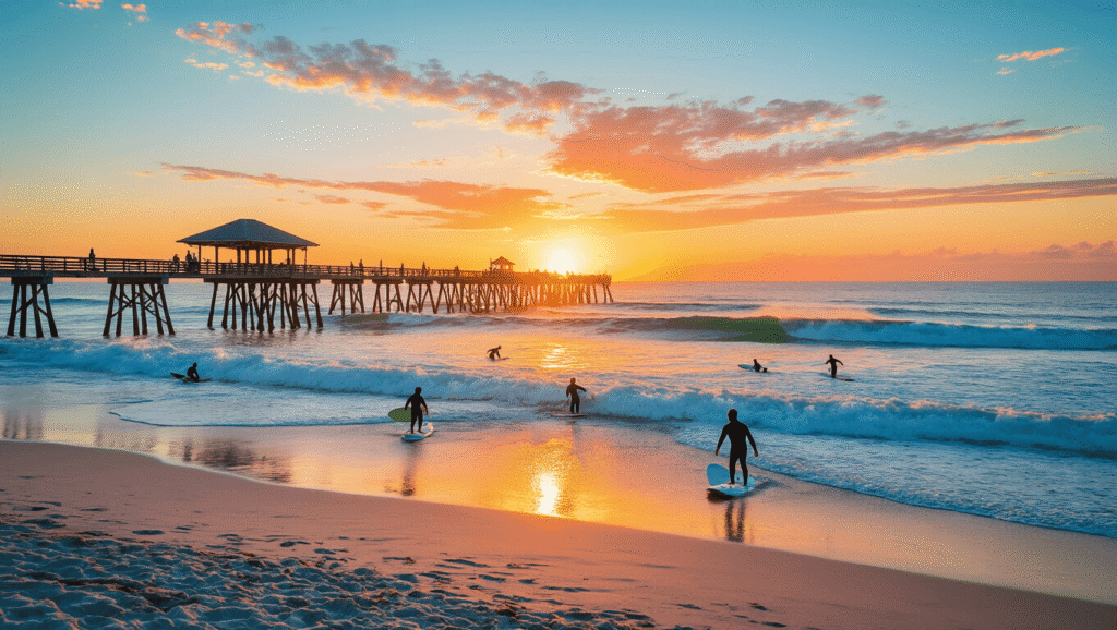 Cocoa Beach Surf Report: The Ultimate Insider's Guide to Florida's Wave Haven "Surfers catching waves at Cocoa Beach pier during sunrise with vibrant sky reflecting on Atlantic Ocean, Space Coast Florida coastline in background."