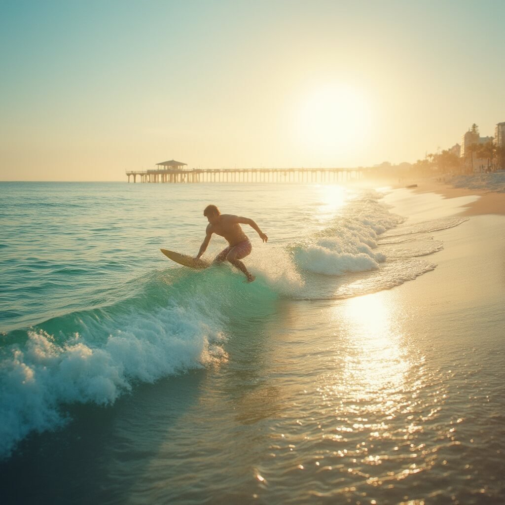 Cinematic sunrise surf scene at Cocoa Beach with longboard surfer riding a wave, Cocoa Beach Pier silhouette, pristine sandy shore and crystal clear turquoise Atlantic waters illuminated by warm golden light