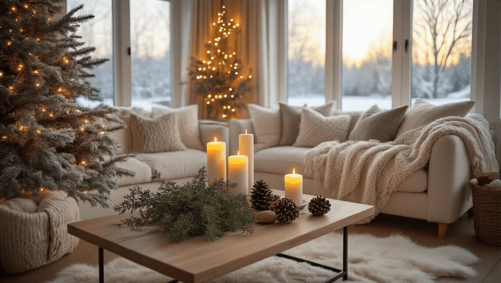 How to Transform Your Home with Cozy After Christmas Winter Decor A cozy winter living room at golden hour, featuring cream linen furniture with chunky knit throws, warm candlelight, eucalyptus and pinecones on a wooden coffee table, and a softly glowing flocked winter tree in the corner, with large windows revealing a grey winter landscape.