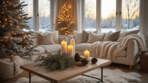 How to Transform Your Home with Cozy After Christmas Winter Decor A cozy winter living room at golden hour, featuring cream linen furniture with chunky knit throws, warm candlelight, eucalyptus and pinecones on a wooden coffee table, and a softly glowing flocked winter tree in the corner, with large windows revealing a grey winter landscape.