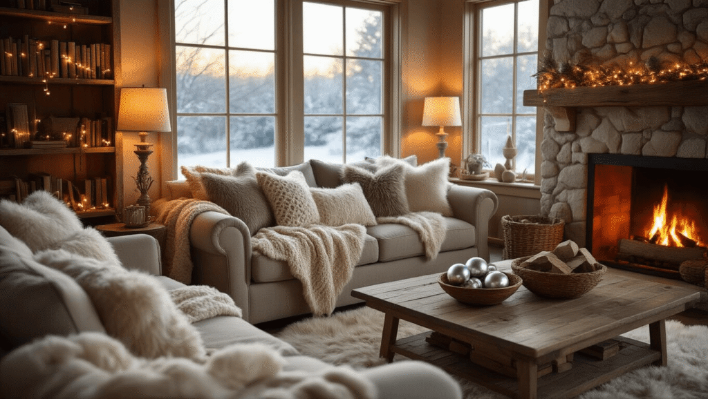 Cinematic wide shot of a cozy winter living room with a taupe linen sofa, cream chunky knit throws, and warm lighting from table lamps, featuring a stone fireplace, sheepskin rug, rustic bookshelf adorned with fairy lights, and natural wood accents, all bathed in soft morning light.