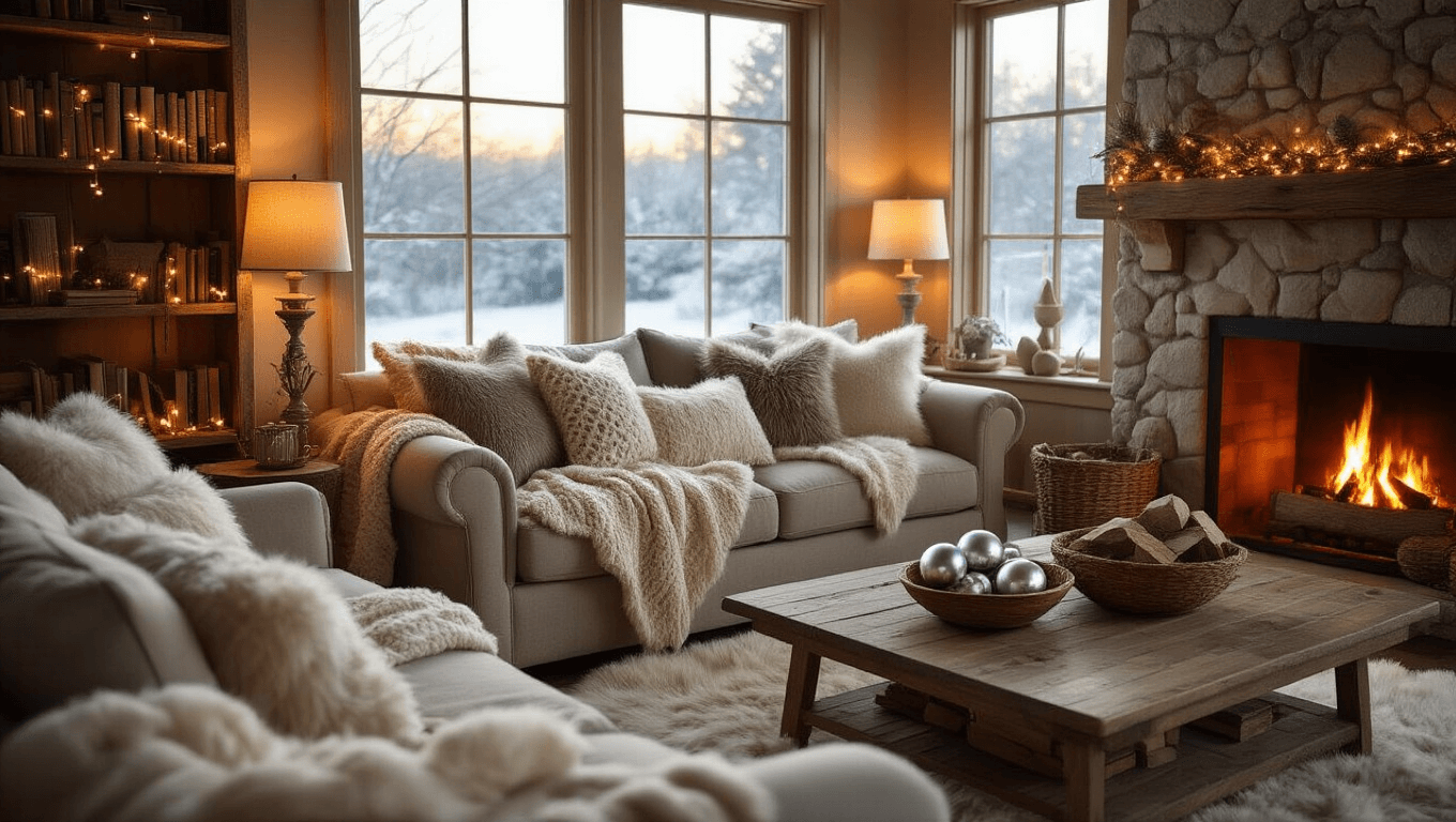 Cinematic wide shot of a cozy winter living room with a taupe linen sofa, cream chunky knit throws, and warm lighting from table lamps, featuring a stone fireplace, sheepskin rug, rustic bookshelf adorned with fairy lights, and natural wood accents, all bathed in soft morning light.