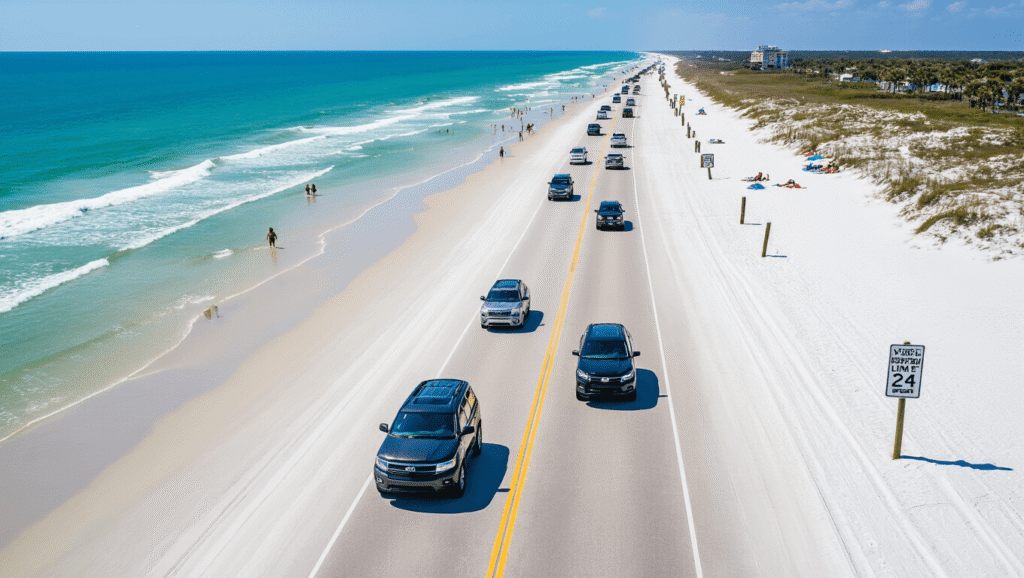 "Cars driving on Daytona Beach's hard-packed sand with ocean waves, sunbathers, sandy dunes, speed limit signs, illuminated headlights, and beach access points under a clear Florida sky"