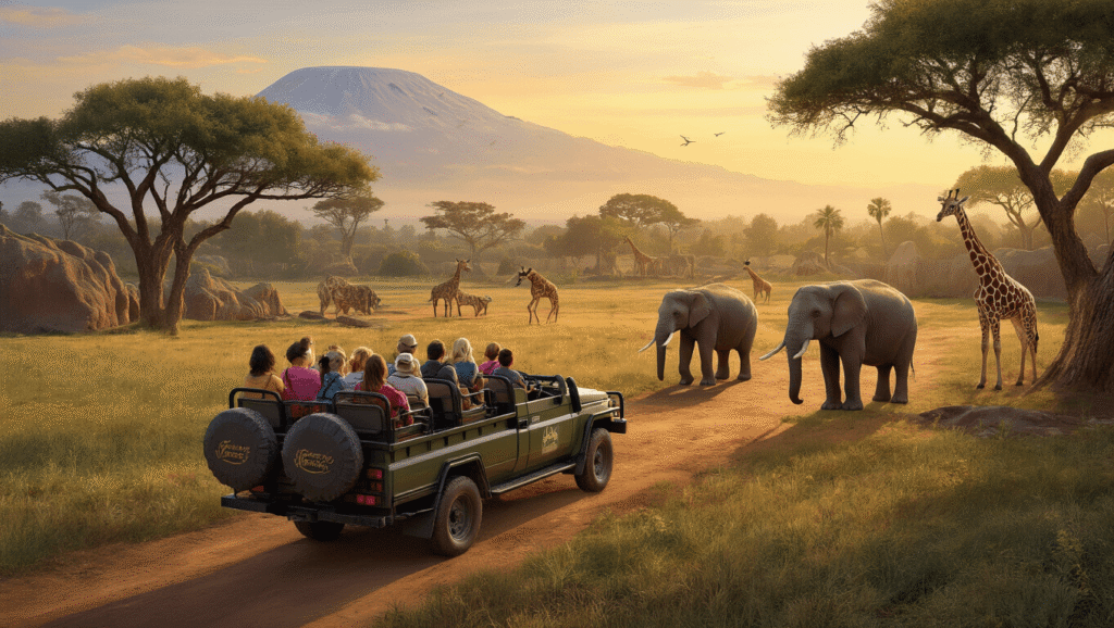 Unleash Your Wild Side: The Ultimate Disney Animal Kingdom Safari Guide That'll Make You Forget Theme Parks Exist "Tourists in a safari vehicle exploring Disney's Animal Kingdom Kilimanjaro Safari with elephants and giraffes in African savanna setting during golden hour"