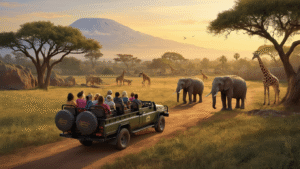 Unleash Your Wild Side: The Ultimate Disney Animal Kingdom Safari Guide That'll Make You Forget Theme Parks Exist "Tourists in a safari vehicle exploring Disney's Animal Kingdom Kilimanjaro Safari with elephants and giraffes in African savanna setting during golden hour"
