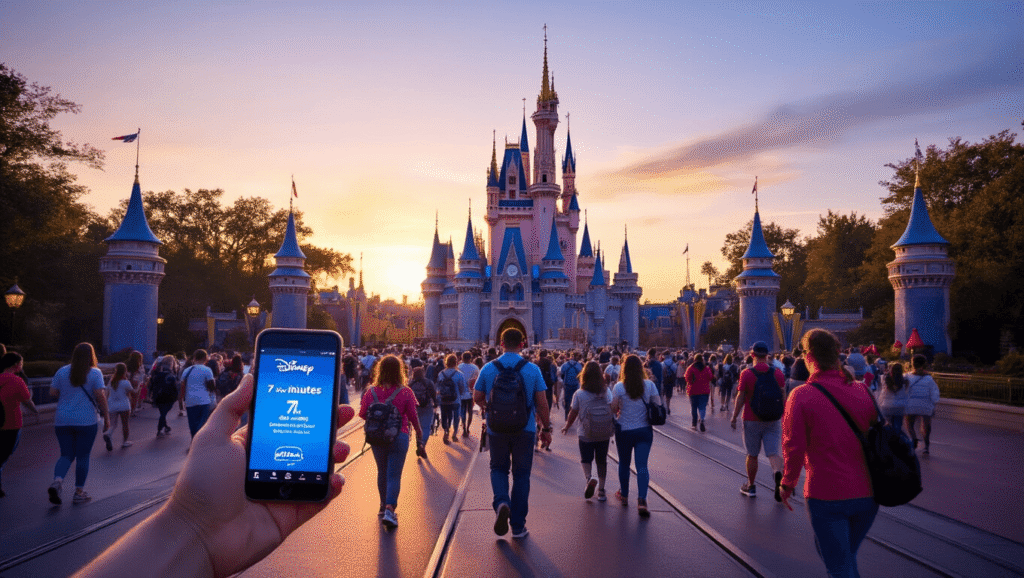 Unlocking the Magic: Your Ultimate 24-Hour Walt Disney World Adventure Guide "Excited families with smartphones showing Disney app and Lightning Lane reservations rushing into Magic Kingdom at 7 AM, speed-walking towards attractions like Space Mountain and Seven Dwarfs Mine Train as Cinderella Castle glows under sunrise lighting."