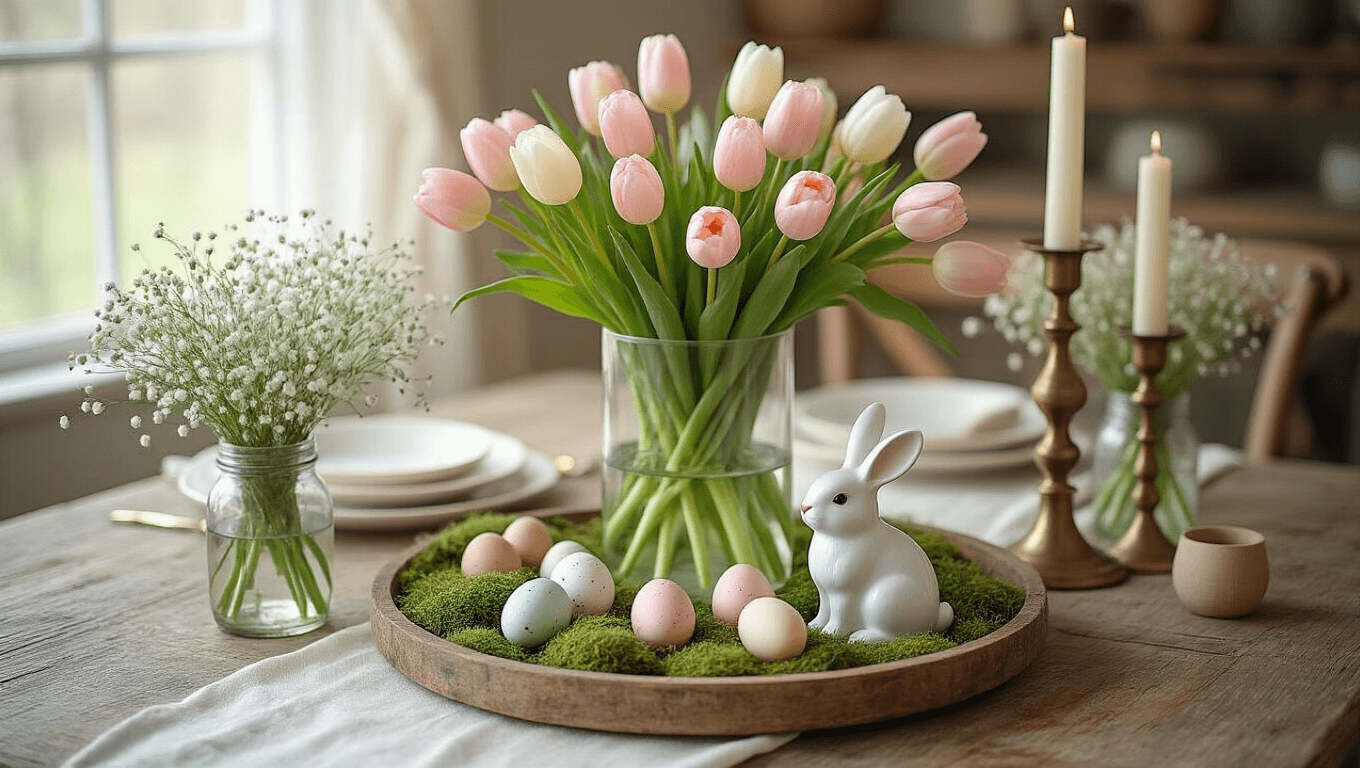 Cinematic overhead view of an elegant Easter table setting on rustic wood, featuring pastel tulips, speckled ceramic eggs, decorative bunny figurines, brass candlesticks, and a soft linen runner in a sage green and blush pink color palette, all bathed in warm golden hour light.