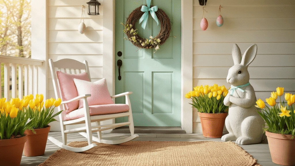 Easter Front Porch Decorating Ideas That'll Make Your Neighbors Stop and Stare Cinematic golden hour shot of a charming Easter front porch with a vintage white rocking chair, pastel decorations, vibrant flowers, and a warm, inviting atmosphere.