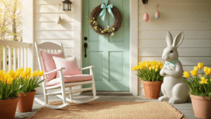 Easter Front Porch Decorating Ideas That'll Make Your Neighbors Stop and Stare Cinematic golden hour shot of a charming Easter front porch with a vintage white rocking chair, pastel decorations, vibrant flowers, and a warm, inviting atmosphere.
