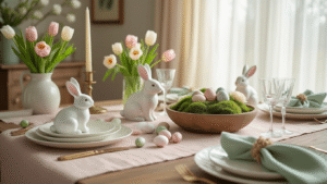 How to Create a Fresh Spring Home with Easter Decorations That Actually Look Good Elegant Easter dining table setting with pastel florals, ceramic bunnies, and soft morning light, featuring layered porcelain plates, fresh tulips, hand-painted eggs, and a wooden dough bowl centerpiece.