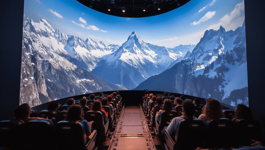 "Futuristic flight simulator ride at Disney's EPCOT Land Pavilion, featuring suspended seats lifted 40 feet in air, an enormous 80-foot IMAX dome screen showcasing aerial views of the Swiss Alps, immersive theater setting with dramatic lighting, and the interior architecture of the Disney theme park. The wide-angle perspective highlights the scale and height of the attraction with the mechanical lift platform visible."