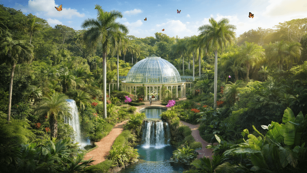 Wandering Paradise: Uncover the Mind-Blowing Secrets of Fairchild Tropical Botanic Garden "Aerial view of Fairchild Tropical Botanic Garden with Clinton Family Conservatory glass dome, vast palm collection, tropical plants, winding pathways, cascading waterfall, butterflies, and rare orchids under Florida sunshine"