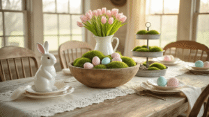 Farmhouse Easter Decor That'll Make Your Home Feel Like a Cozy Cottage Cinematic farmhouse dining room featuring a weathered wood table draped with a cream lace tablecloth, adorned with a vintage dough bowl filled with moss and pastel eggs, a white bunny figurine, pink tulips, and rustic decor, all illuminated by warm golden hour light.