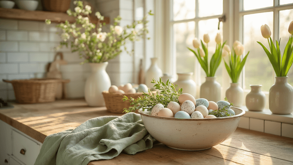 Easter Decor Ideas That'll Actually Make Your Home Feel Like Spring Has Arrived Cinematic farmhouse kitchen in golden hour light, showcasing a rustic wooden island with a vintage dough bowl of pastel speckled eggs, eucalyptus stems, sage linen towels, a woven basket with potted hyacinth bulbs, and ceramic vases with tulip stems, all enhancing the organic spring aesthetic.