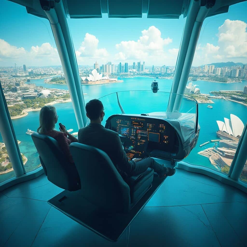 Riders experiencing realistic flight simulator with suspended seats, overlooking Sydney Harbour and Opera House, showcasing intricate engineering of the ride platform in a professional theme park documentation style.