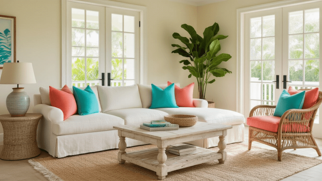 Florida Decorating Ideas: How to Bring Sunshine and Coastal Vibes Into Your Home Cinematic wide-angle shot of a bright Florida living room with cream walls, a whitewashed cypress coffee table, a light linen sectional with turquoise throw pillows, and coral accents, illuminated by golden morning light streaming through French doors.