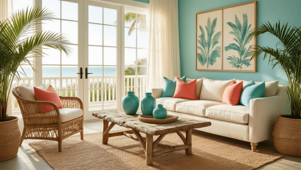 Florida Decorating Ideas That'll Make Your Home Feel Like Paradise Bright Florida coastal living room with rattan furniture, palm plants, and turquoise accents, featuring a creamy linen sofa, driftwood coffee table, and sheer white curtains, illuminated by golden hour sunlight.