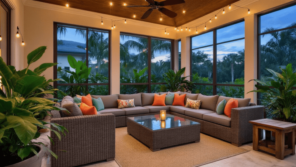 Florida Lanai Decorating Ideas: Turn Your Covered Patio Into Paradise Cinematic twilight shot of an elegant Florida lanai with cathedral ceiling, plush gray resin wicker furniture, vibrant throw pillows, glass-topped coffee table, warm golden string lights, tropical plants, and a cozy atmosphere.