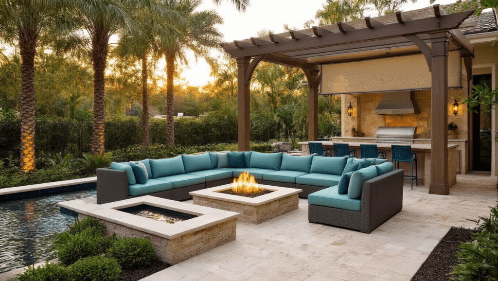 Florida Patios: How I Learned to Beat the Heat and Build My Dream Outdoor Oasis Cinematic wide shot of a luxurious Florida patio oasis featuring a weathered oak pergola, plush seafoam sectional sofa, honey-toned travertine pavers, built-in stone firepit, and a tranquil pondless water feature under warm golden hour lighting, surrounded by tropical landscaping.