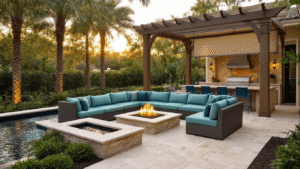 Florida Patios: How I Learned to Beat the Heat and Build My Dream Outdoor Oasis Cinematic wide shot of a luxurious Florida patio oasis featuring a weathered oak pergola, plush seafoam sectional sofa, honey-toned travertine pavers, built-in stone firepit, and a tranquil pondless water feature under warm golden hour lighting, surrounded by tropical landscaping.