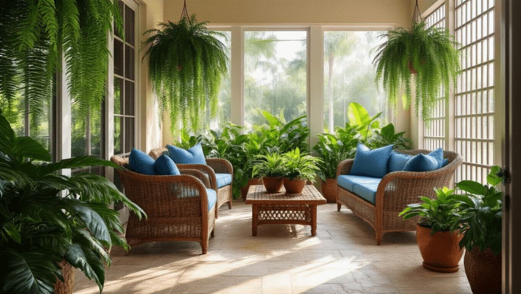 Photorealistic interior of a Florida pool cage lanai with lush tropical landscaping, featuring terracotta planters, rattan furniture, vibrant caladiums, and a climbing philodendron, illuminated by warm afternoon sunlight.