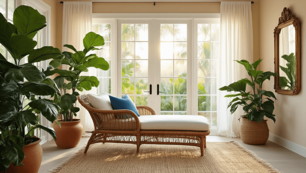 Florida Sunroom Ideas: Transform Your Space into a Light-Filled Haven Ultra-realistic Florida sunroom bathed in golden hour light, featuring a weathered rattan chaise lounge, lush tropical plants, jute area rug, and vintage brass mirror, creating a warm and inviting atmosphere.