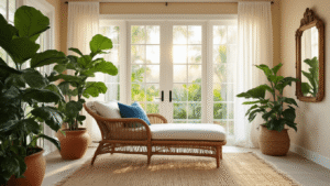 Florida Sunroom Ideas: Transform Your Space into a Light-Filled Haven Ultra-realistic Florida sunroom bathed in golden hour light, featuring a weathered rattan chaise lounge, lush tropical plants, jute area rug, and vintage brass mirror, creating a warm and inviting atmosphere.