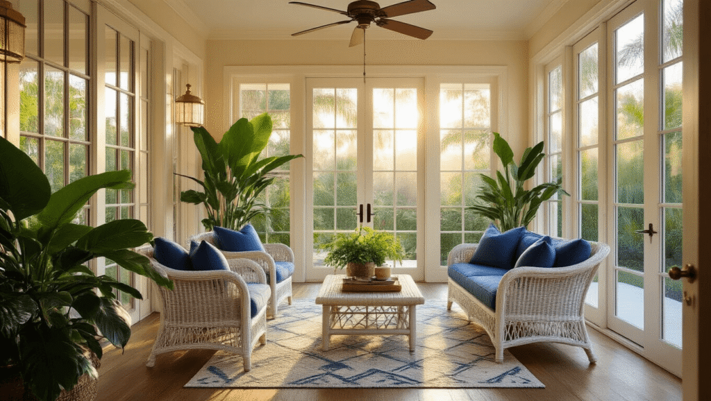 Florida Sunroom: Everything You Need to Know Before Building One A luxurious Florida sunroom bathed in golden hour light, showcasing aluminum-framed windows, vintage wicker furniture with blue cushions, and lush greenery, creating a cozy tropical atmosphere.