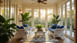 Florida Sunroom: Everything You Need to Know Before Building One A luxurious Florida sunroom bathed in golden hour light, showcasing aluminum-framed windows, vintage wicker furniture with blue cushions, and lush greenery, creating a cozy tropical atmosphere.
