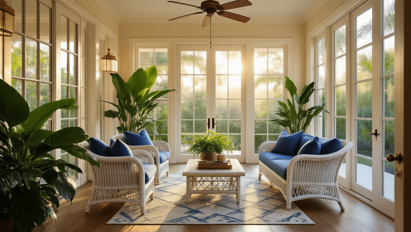 A luxurious Florida sunroom bathed in golden hour light, showcasing aluminum-framed windows, vintage wicker furniture with blue cushions, and lush greenery, creating a cozy tropical atmosphere.