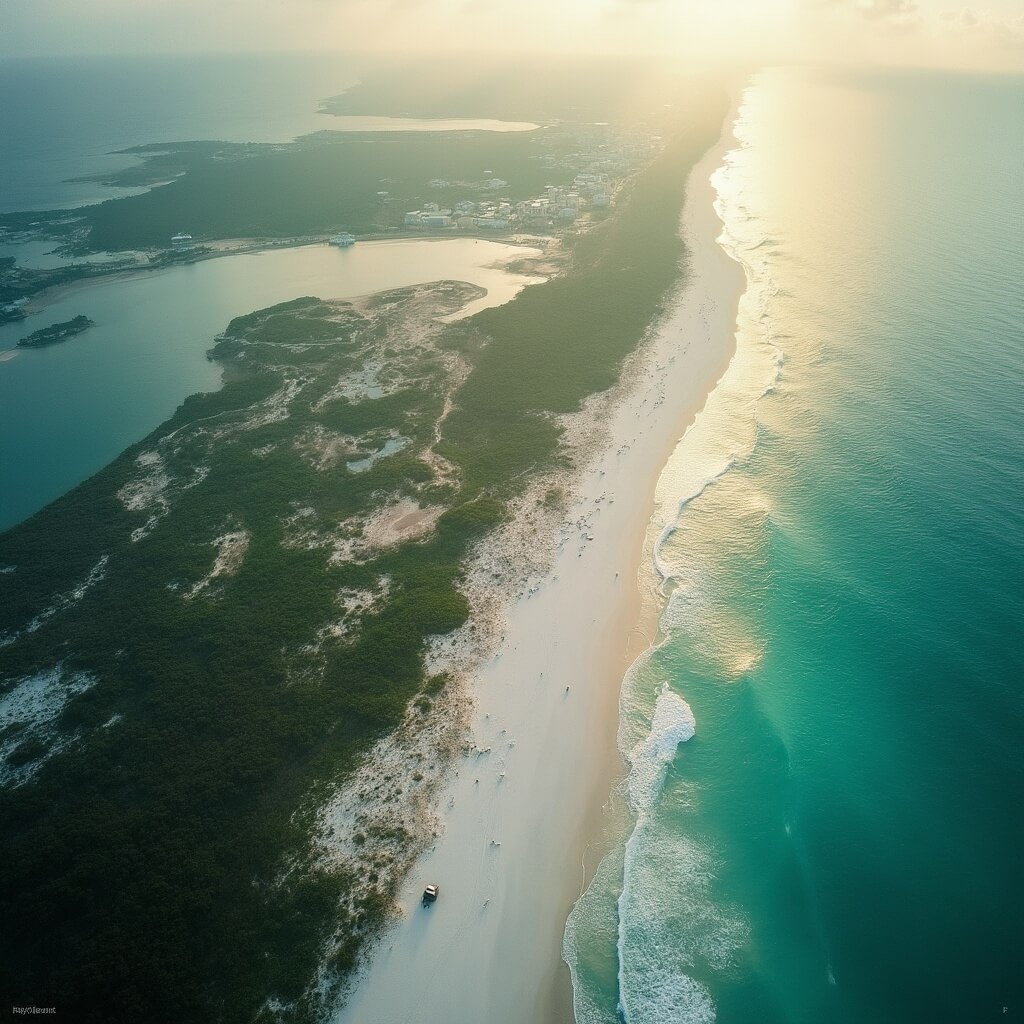 Aerial view of Florida's Treasure Coast shoreline from Jensen Beach to Vero Beach with sandy beaches, sea turtle nesting sites, and diverse coastal ecosystem in the morning light.